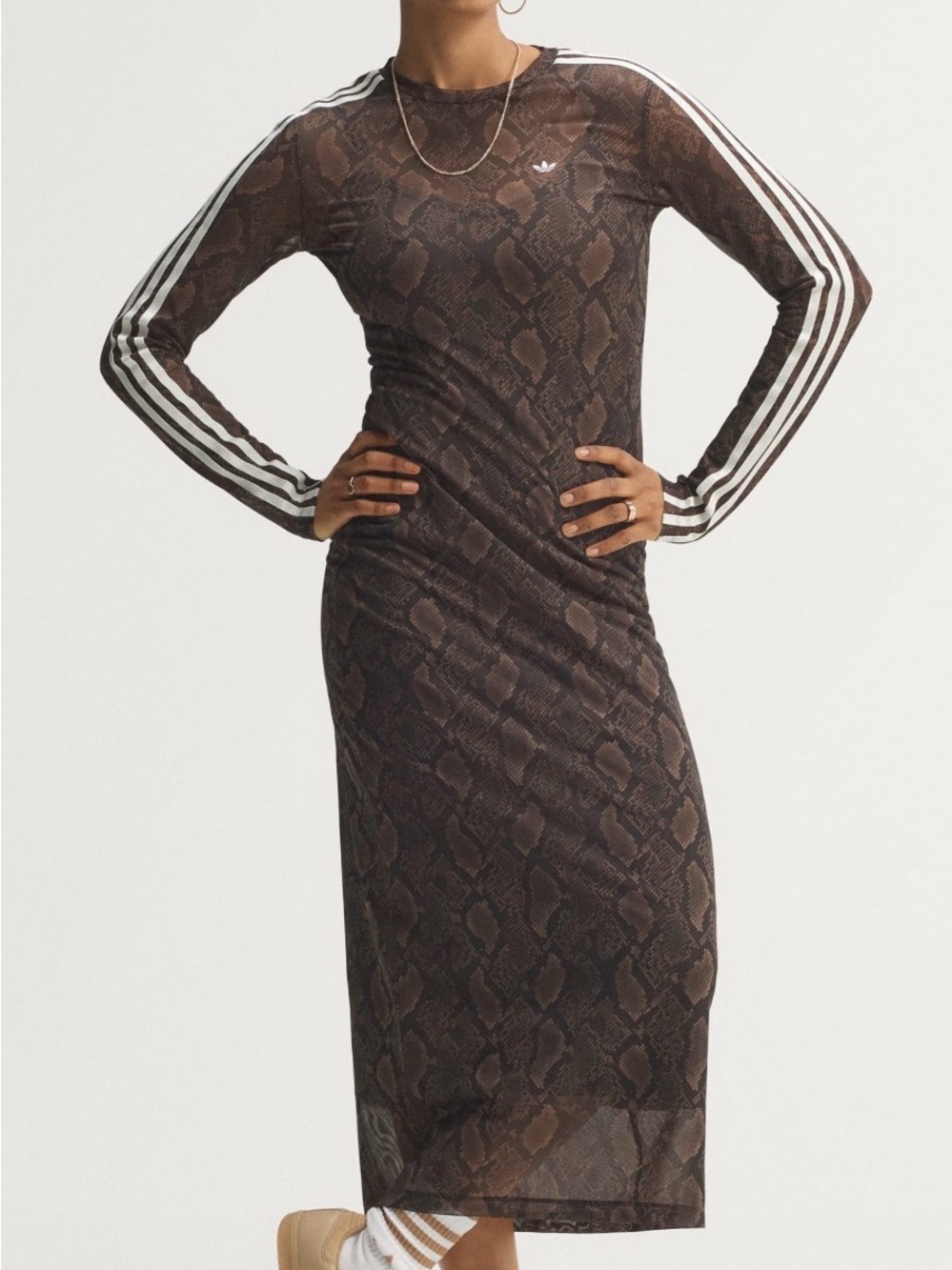 adidas Brown Snake-Print Long Sleeve Midi Dress with White Stripes